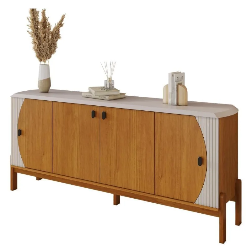 Buffet Heras 4 Portas 4 Prateleiras MDF com Detalhe Frisado Cinza Off! 180CM