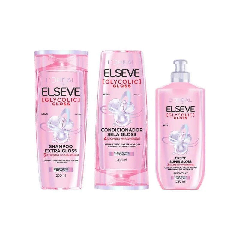 Kit Elseve Glycolic Gloss Sh 200Ml + Cond 200Ml + Creme Pent