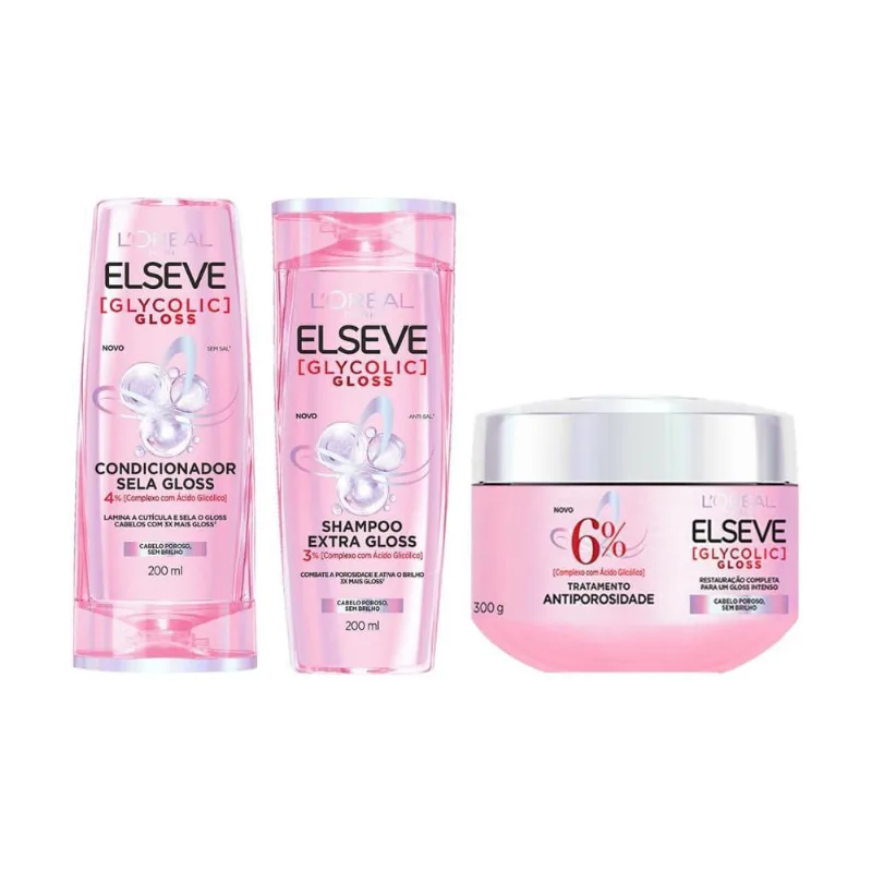Kit Elseve Glycolic Gloss Sh 200Ml + Cond 200Ml + Creme Trat