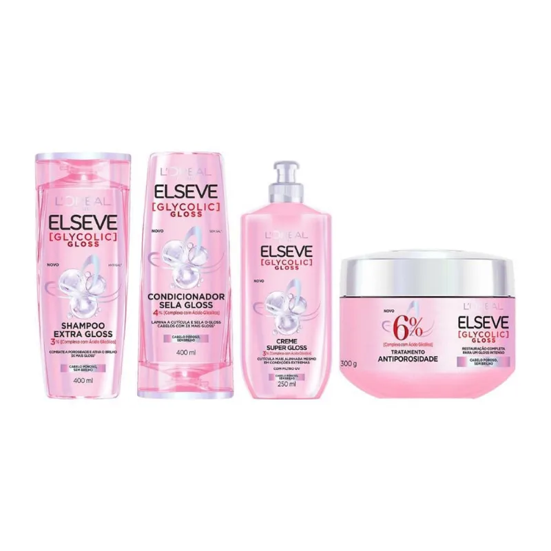 Kit Elseve Glycolic Gloss Sh 400Ml + Cond 400Ml + Creme Pt + Cr Tr