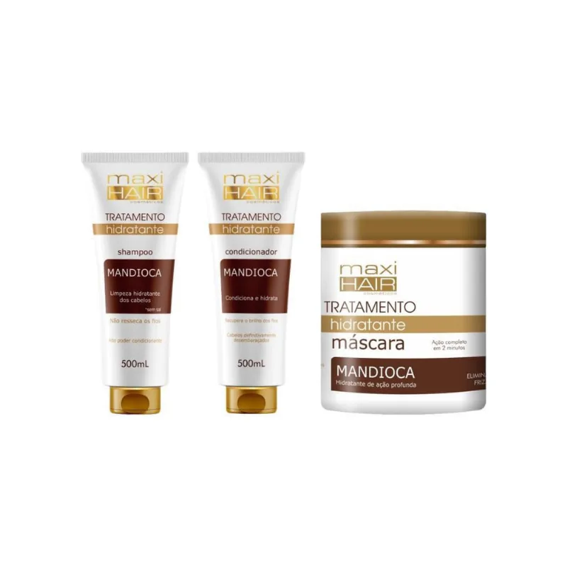 Kit Mandioca Trat Hidratante Maxihair 500Ml Shamp + Cond + Masc