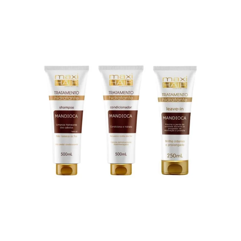 Kit Mandioca Trat Hidratante Maxihair Shamp + Cond + Leave-In