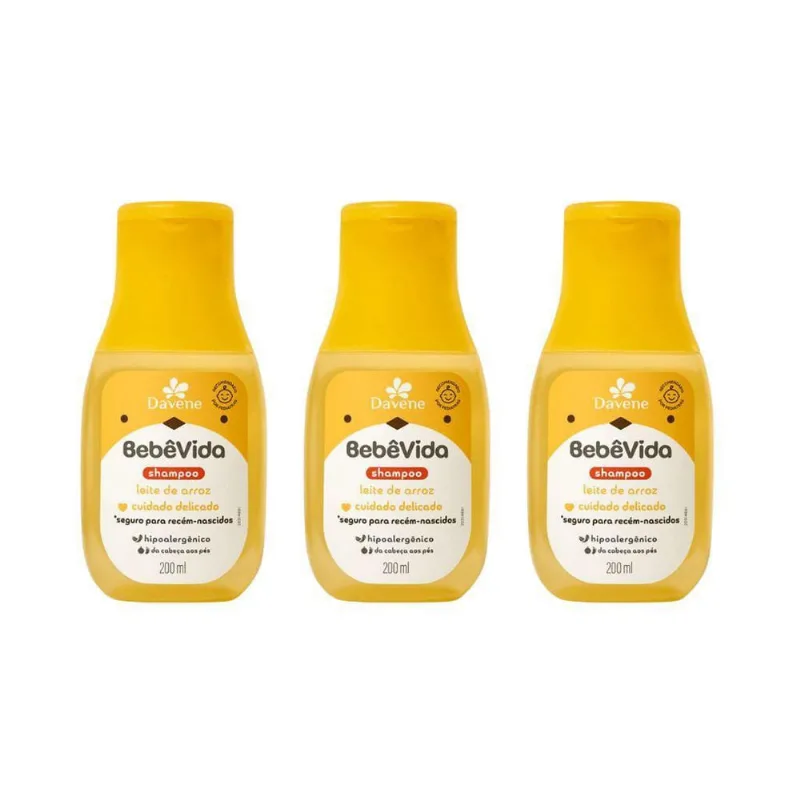 Shampoo Davene Bebe Vida Leite De Arroz 200Ml - Kit Com 3Un
