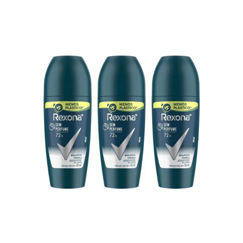 Desodorante Roll-On Rexona 50Ml Masc Sem Perfume - Kit 3Un
