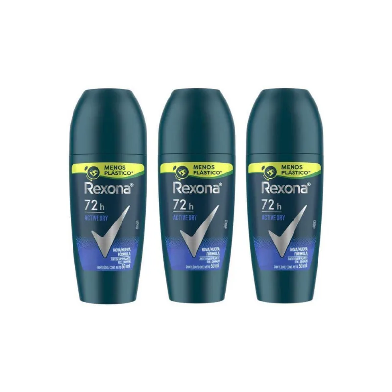 Desodorante Roll-On Rexona 50Ml Masculino Active - Kit C/3Un