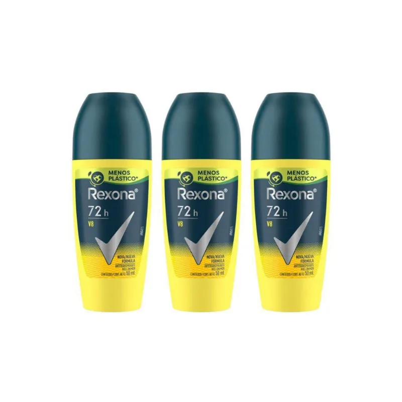 Desodorante Roll-On Rexona 50Ml Masculino V8 - Kit C/3Un
