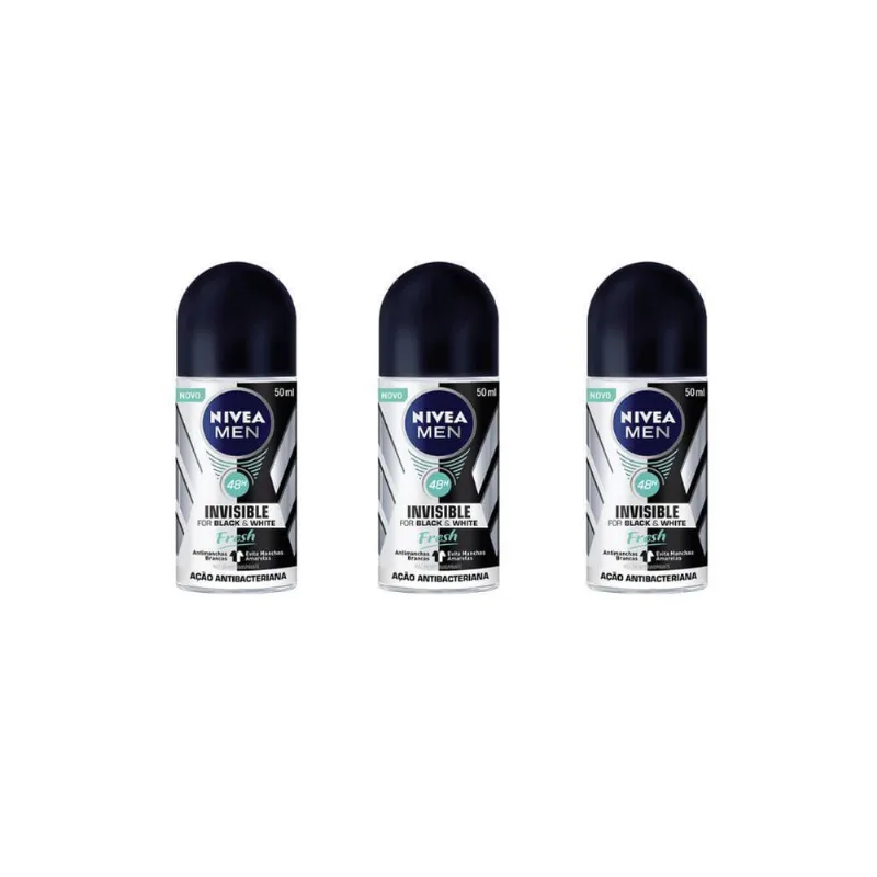 Desodorante Rollon Nivea 50Ml Invisible Black White -Kit 3Un