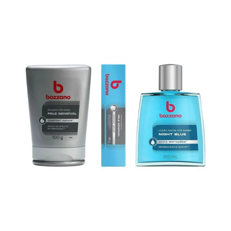 Kit Bozzano Creme Barbear + Gel Pele Sensivel + Loção Night Blue