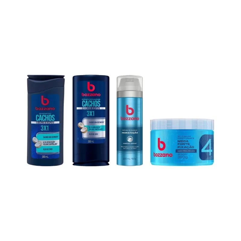 Kit Bozzano Shamp + Cond Cachos + Espum Barb Hidrat + Gel Fix Azul
