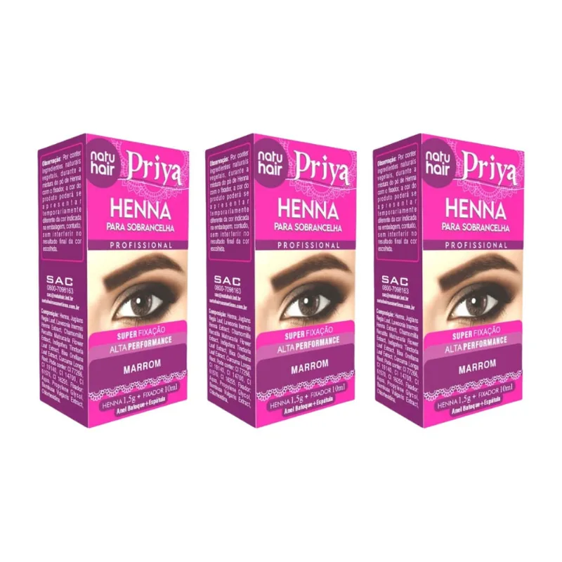 Henna Sobrancelhas Priya Natuhair 1,5g Marrom - Kit c/ 3un