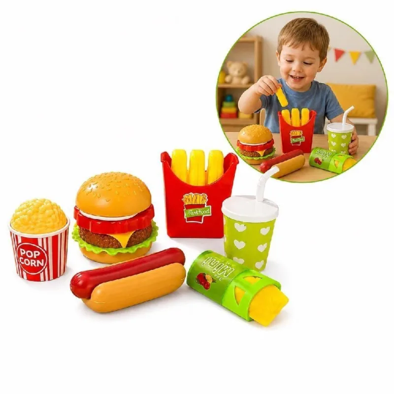 Kit Lanchinho Infantil Fast Food Brinquedo Faz de Conta Hamburguer Batata Pipoca Suco Tortinha - Outras - Brinquedos