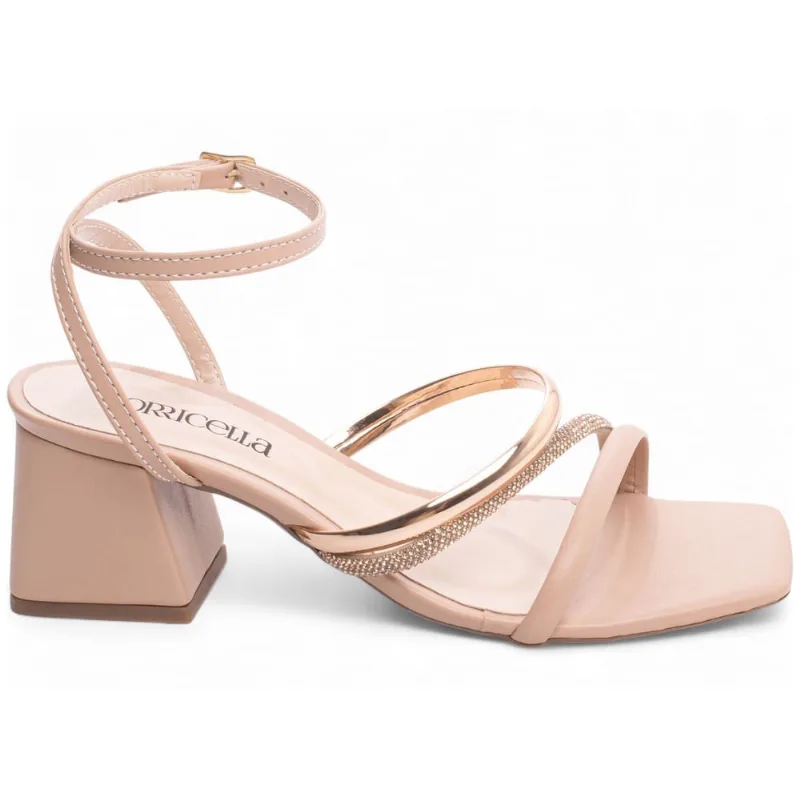 Sandália Feminina Salto Médio Baixo Bloco Grosso Brilho 5,5cm Rosa Rosê Torricella