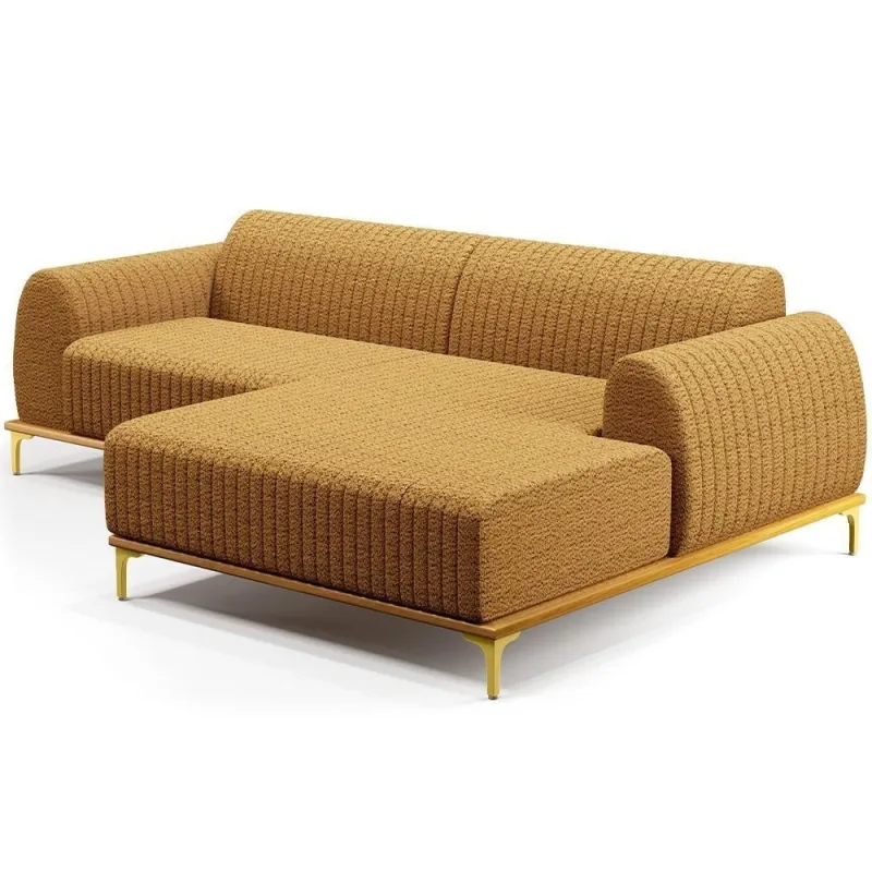 Sofá 3 Lugares Chaise Direito Sala Molino 245cm D02 Pés de ouro Bouclê Mostarda - Lyam Decor - Móveis
