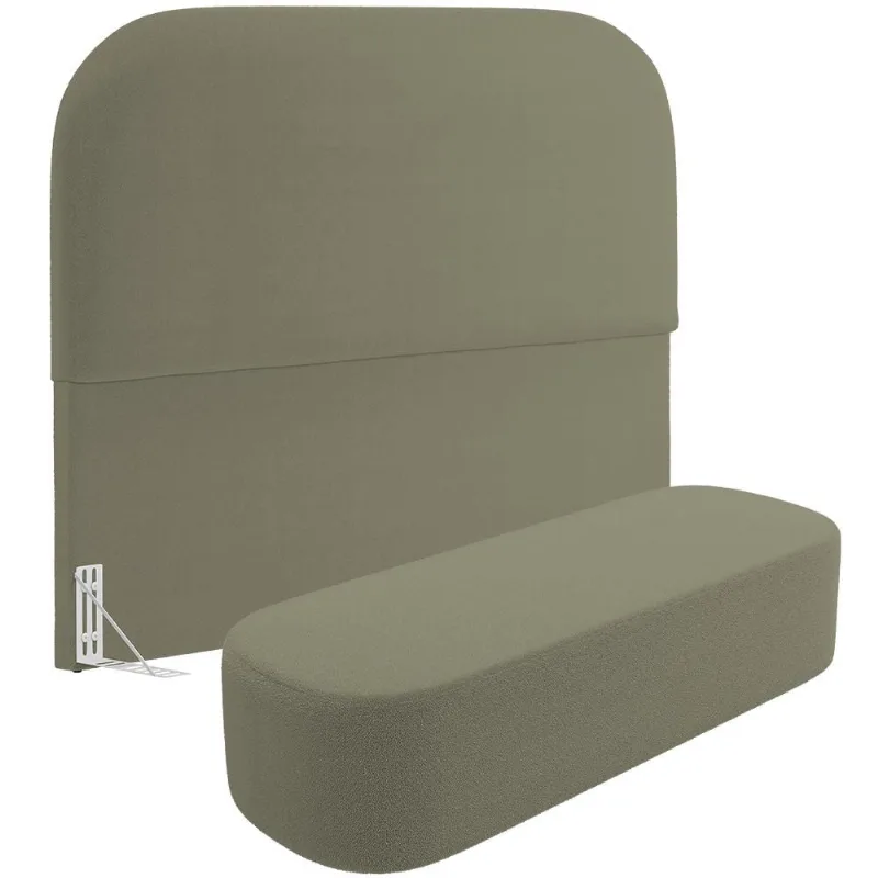 Cabeceira Cama Box Casal 140cm Lanna com Puff Recamier Doha W01 Bouclê Oliva - Lyam Decor - Lyam Decor