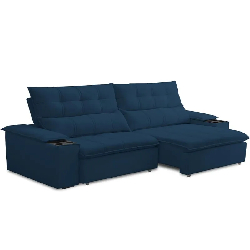 Sofá Retrátil Reclinável Para Sala de Estar Living 230cm Ártico F04 Veludo Azul - Lyam Decor - Lyam Decor - Móveis