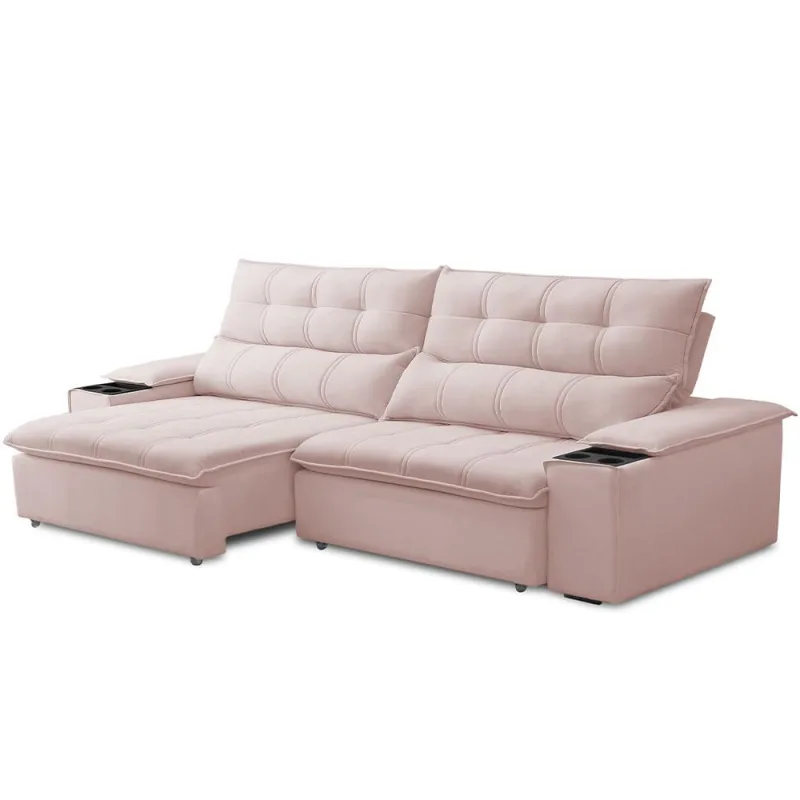 Sofá Retrátil Reclinável Para Sala de Estar Living 230cm Ártico F04 Veludo Rosê - Lyam Decor - Lyam Decor - Móveis