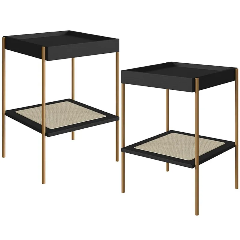 Kit 02 Mesas Lateral Para Sala de Estar Industrial Indy A03 Nero Dourado - Lyam Decor - Lyam Decor - Móveis