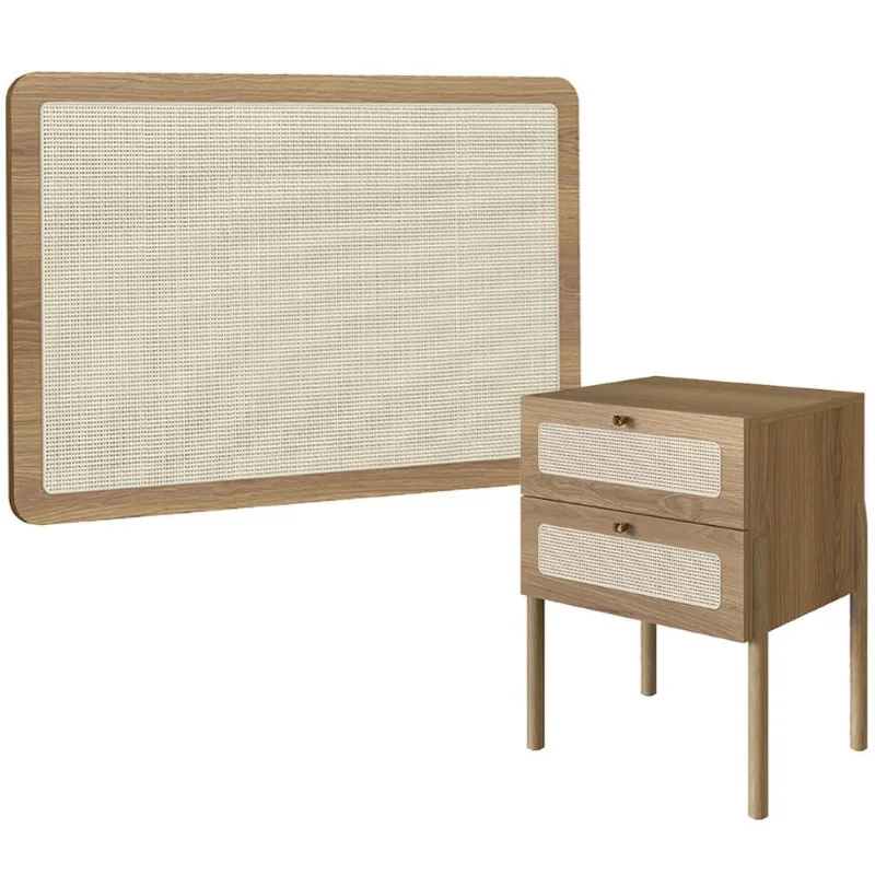 Cabeceira Solteiro 90cm e 1 Mesa Lateral 2 Gavetas Madeira Moss A03 Hanover Roble - Lyam Decor