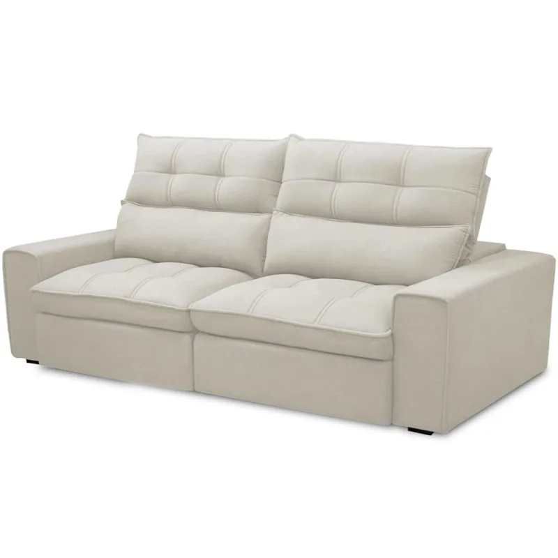 Sofá Retrátil Reclinável Para Sala de Estar Living 230cm Dimas F04 Veludo Bege - Lyam Decor - Lyam Decor - Móveis