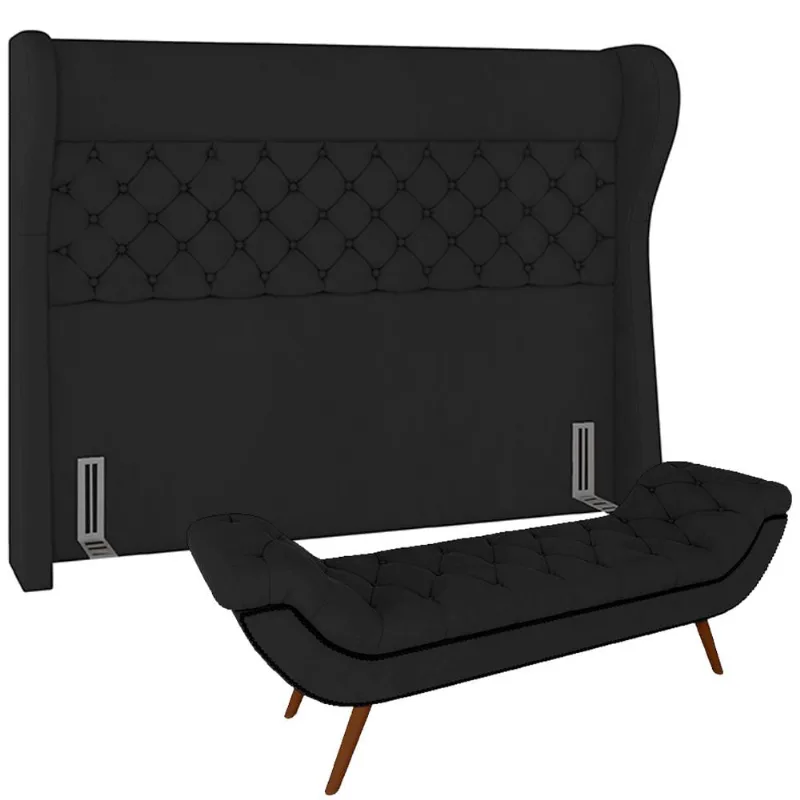 Kit Cabeceira Cama Box Casal 140 cm Madrid com Puff Recamier Santorini Veludo Preto - Lyam Decor