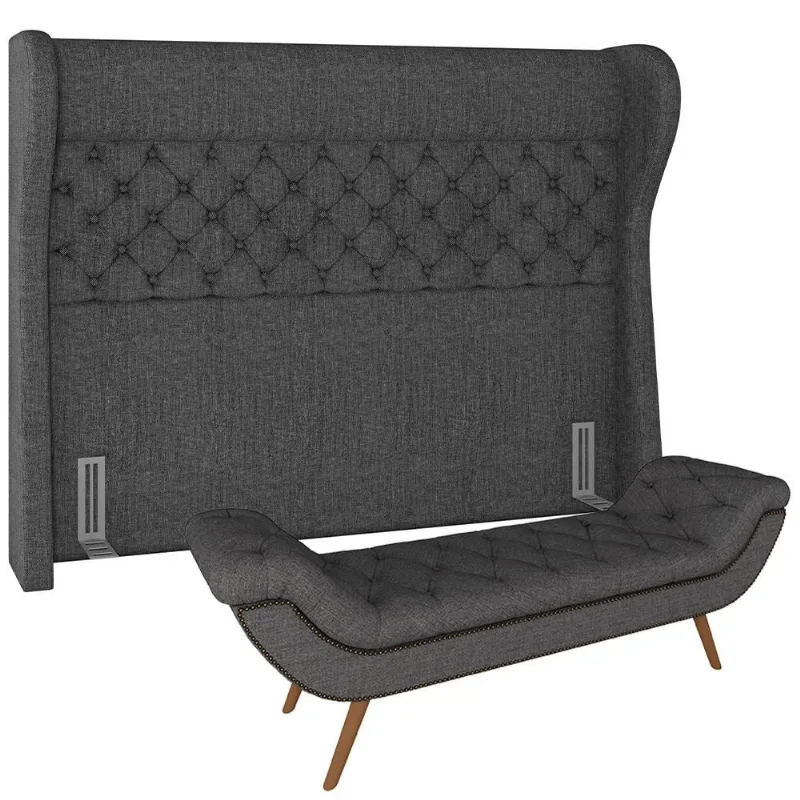 Kit Cabeceira Cama Box Casal 160 cm Madrid com Puff Recamier Santorini Linho Chumbo - Lyam Decor
