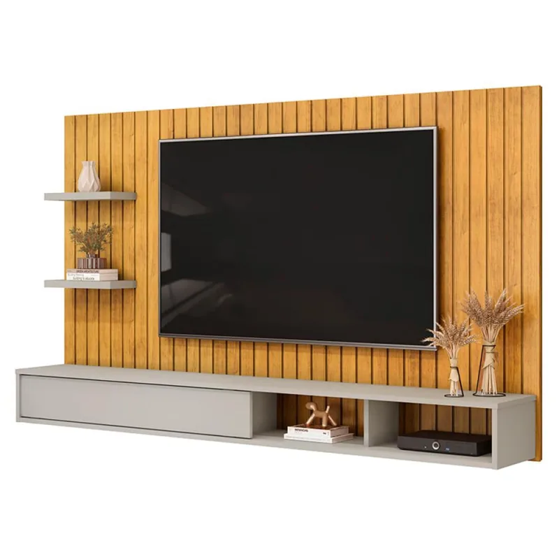Painel Ripado TV 60 Pol com Bancada Suspensa 179cm Joan D05 Cedro Bali - Lyam Decor - Lyam Decor - Móveis