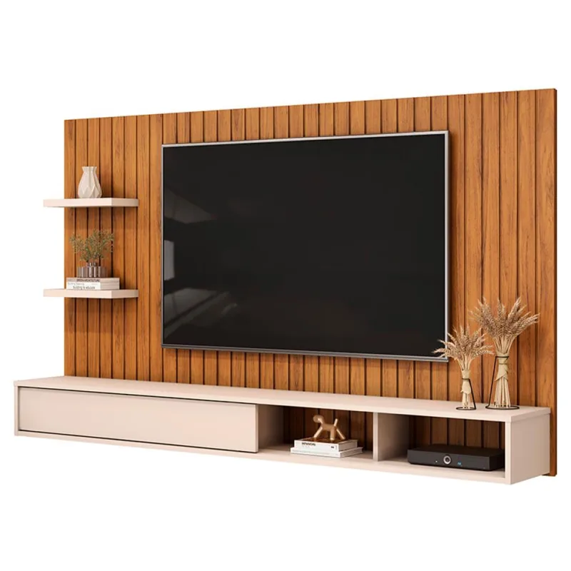 Painel Ripado TV 60 Pol com Bancada Suspensa 179cm Joan D05 Freijó Off White - Lyam Decor - Lyam Decor - Móveis