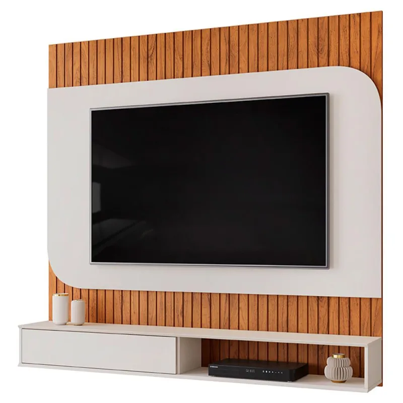 Painel Ripado TV 65 Pol com Bancada Suspensa 150cm Ezra D05 Freijó Off White - Lyam Decor - Lyam Decor - Móveis