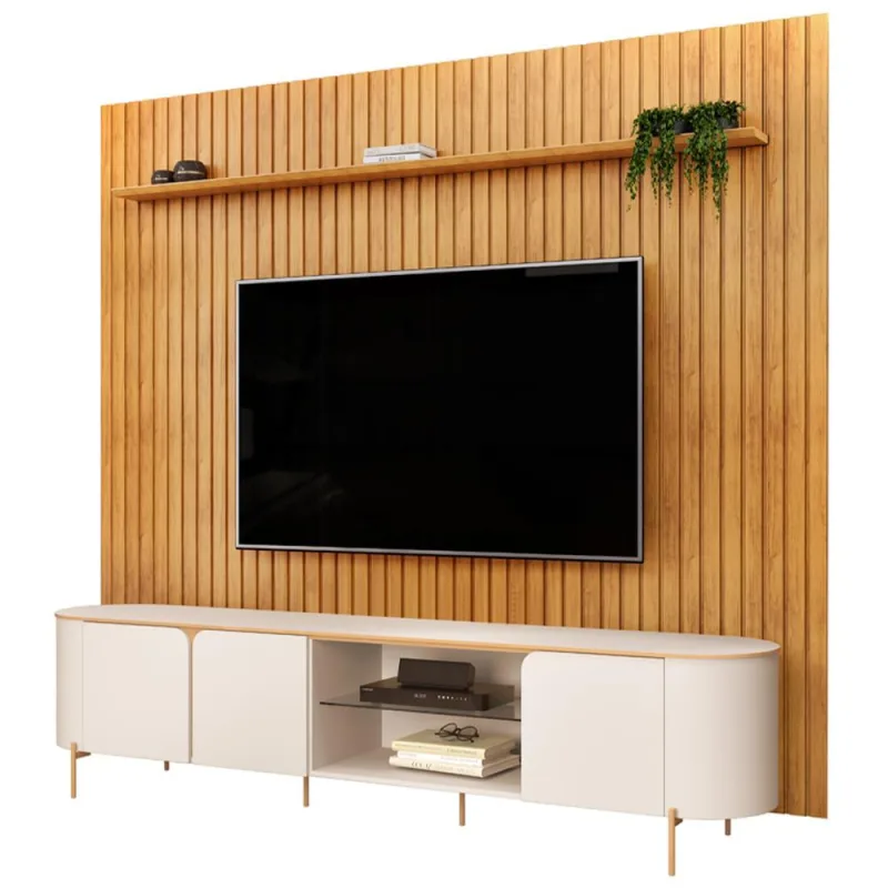 Rack Para Sala  Harper com Painel Ripado Lexa TV 75 Pol D05 Cedro Off White - Lyam Decor - Lyam Decor - Móveis