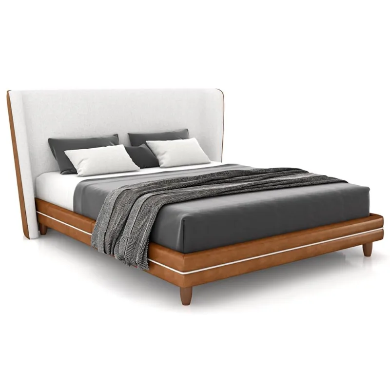 Cabeceira Casal Nilo 140cm Com Cama Pés Madeira Suném P05 Couríssimo Whisky Bouclê Cru - Lyam Decor