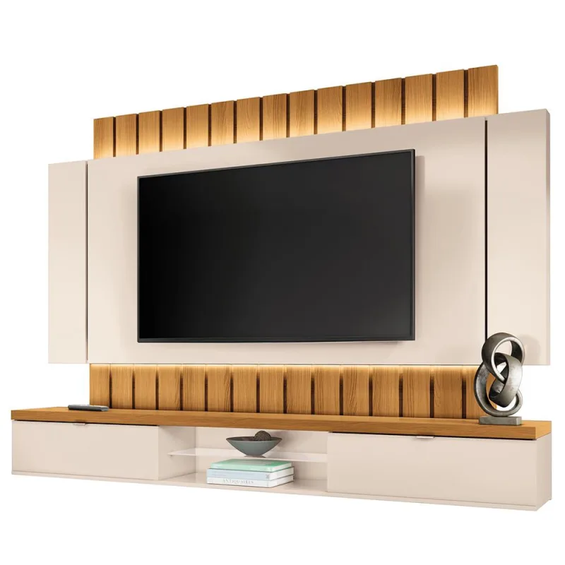 Painel Para TV 70 Pol Ripado com Bancada Suspensa Luzzi B01 Off White Cinamomo - Lyam Decor - Lyam Decor - Móveis