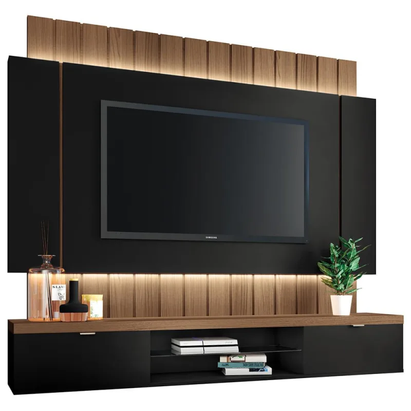 Painel Para TV 55 Pol Ripado com Bancada Suspensa Luzzi B01 Preto Castanho - Lyam Decor - Lyam Decor - Móveis