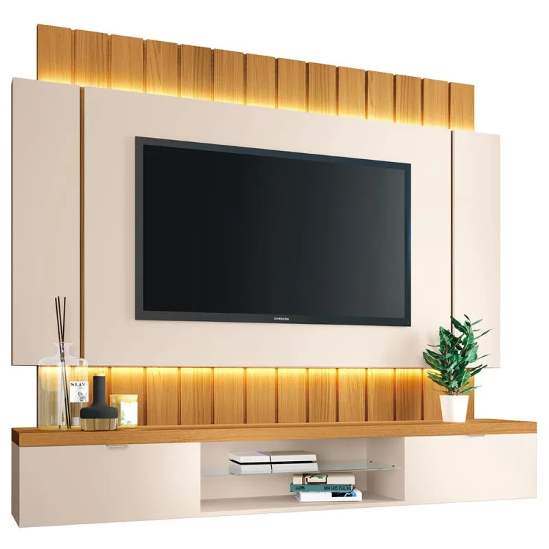 Painel Para TV 55 Pol Ripado com Bancada Suspensa Luzzi B01 Off White Cinamomo - Lyam Decor - Lyam Decor - Móveis