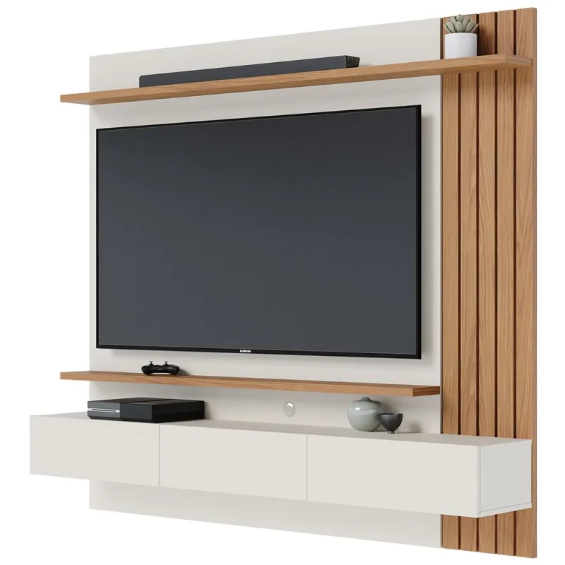 Painel Para TV 70 Pol com Bancada Suspensa 180cm Will C04 Off White Matte Freijó - Lyam Decor - Lyam Decor - Móveis