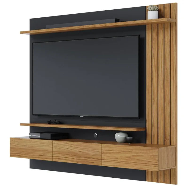 Painel Para TV 70 Pol com Bancada Suspensa 180cm Will C04 Noce Milano Preto Fosco - Lyam Decor - Lyam Decor - Móveis