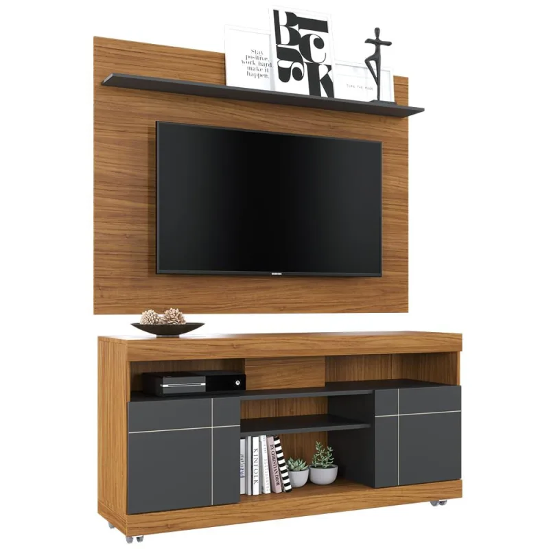 Rack Para Sala com Painel Para TV 55 Pol Raya C04 Noce Milano Preto Fosco - Lyam Decor - Lyam Decor - Móveis
