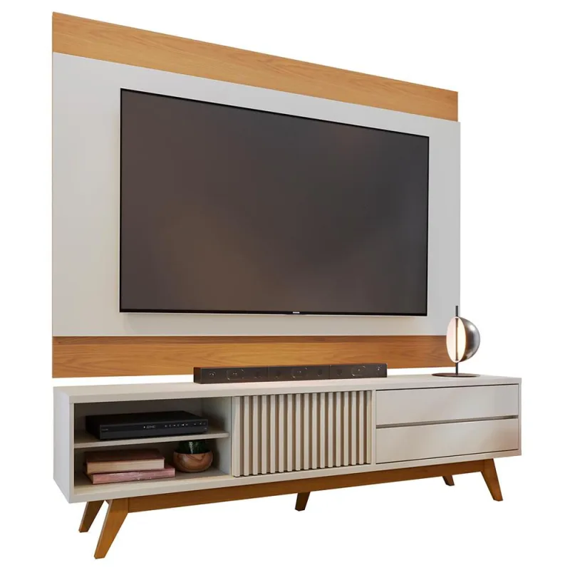 Rack Para Sala Venice com Painel Para TV 75 Pol Cairo C04 Off White Matte Freijó - Lyam Decor - Lyam Decor - Móveis
