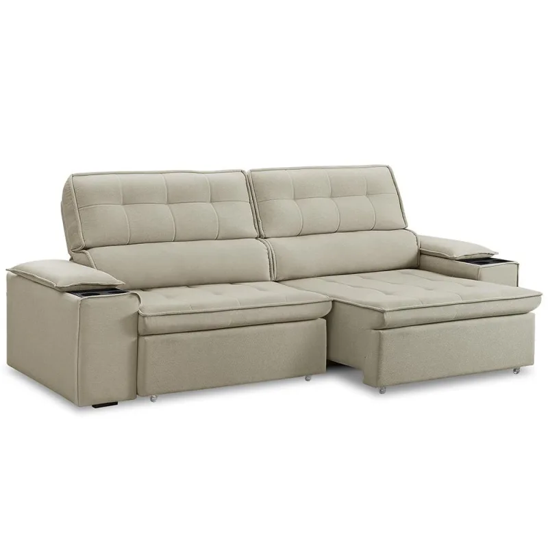 Sofá Retrátil Reclinável 3 Lugares Sala de Estar 255cm Bilac F04 Linho Bege - Lyam Decor - Lyam Decor - Móveis