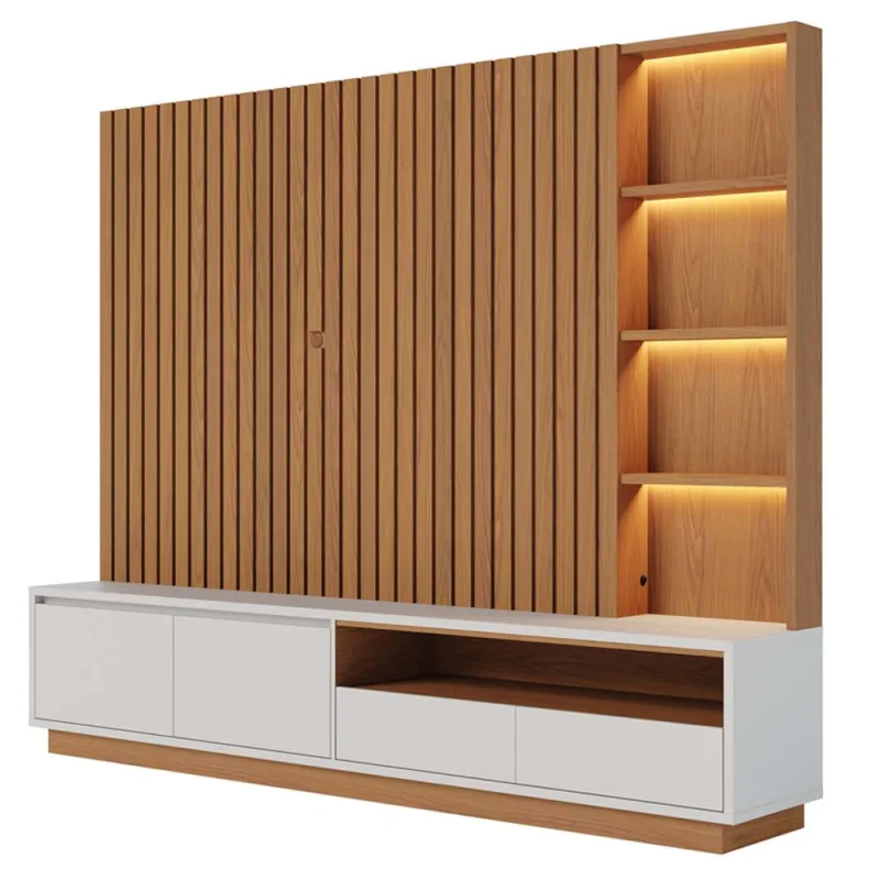 Estante Painel Ripado Para TV 82 Pol LED 240cm Jolie C04 Freijó Off White Matte - Lyam Decor - Lyam Decor
