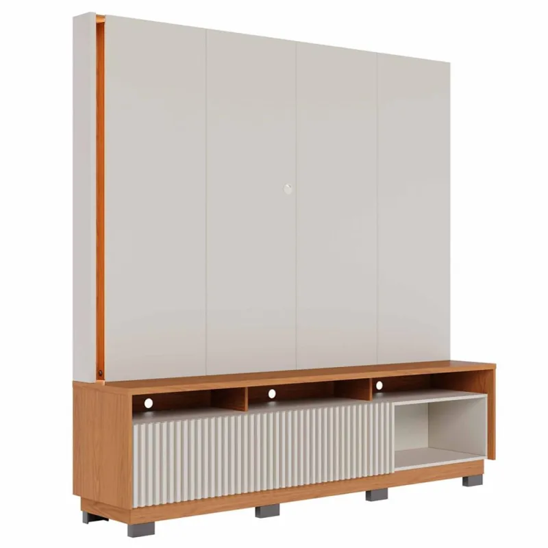 Estante Painel Para TV 75 Pol LED 200cm Yarden C04 Off White Matte Freijó - Lyam Decor - Lyam Decor