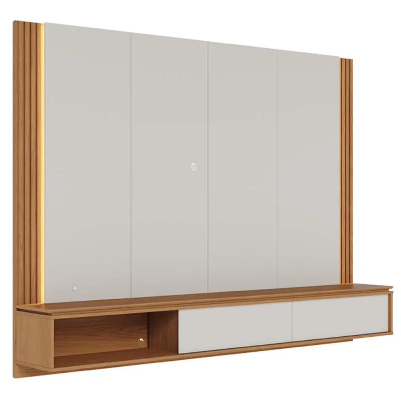 Painel Para TV 75 Pol Bancada Suspensa LED Horebe C04 Off White Matte Freijó - Lyam Decor - Lyam Decor - Móveis
