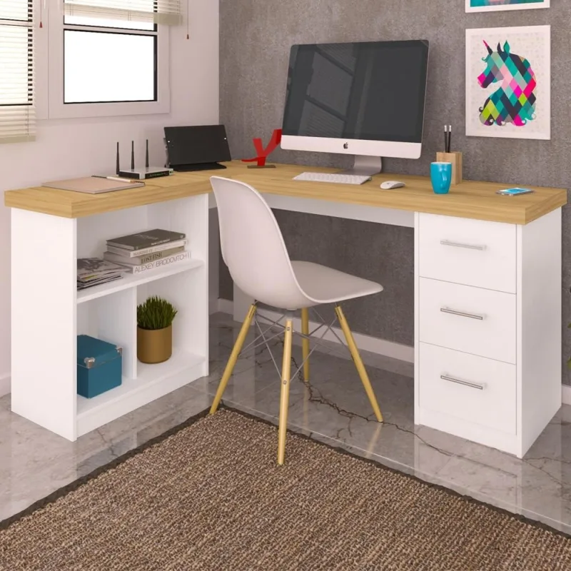 Mesa Para Escritório Escrivaninha Home Office Mali A02 Olmo Branco - Lyam Decor - Lyam Decor - Móveis