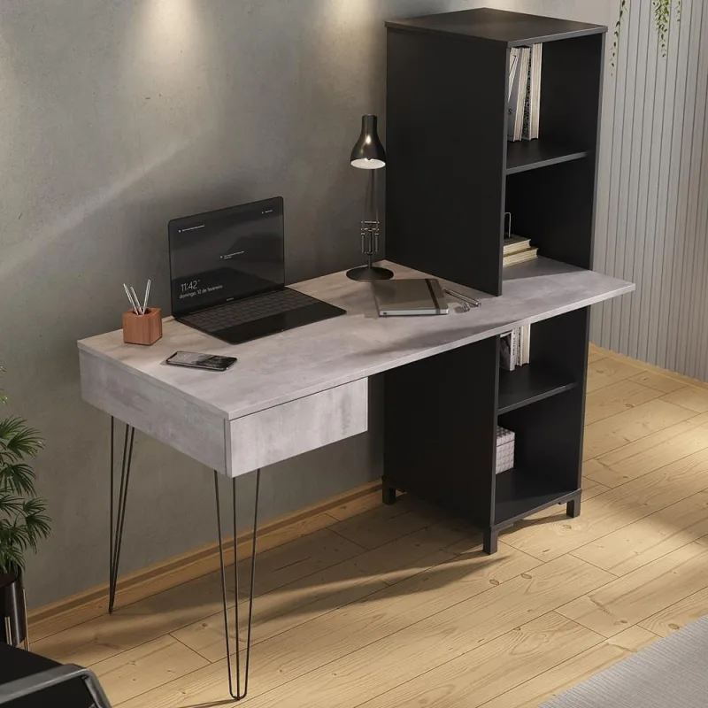 Mesa Escrivaninha com Estante Pés Industrial Núria A02 Concreto Preto - Lyam Decor - Lyam Decor - Móveis