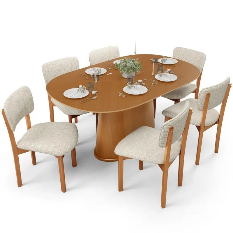 Mesa Para Sala De Jantar Valência Com 06 Cadeiras Sala De Jantar Dara L02 Linho Champagne - Lyam Decor - Lyam Decor - Móveis