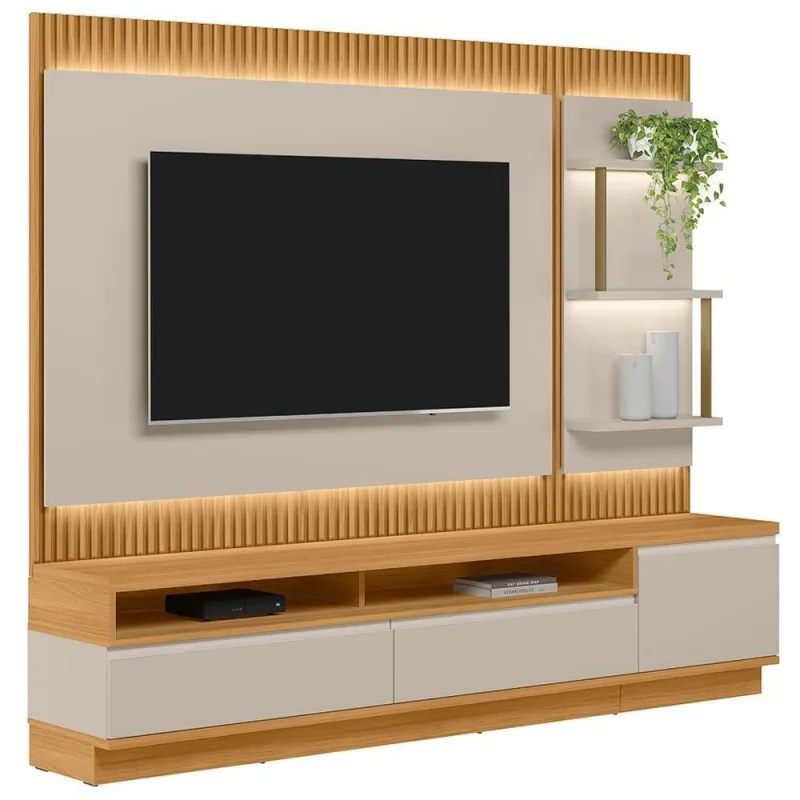 Rack Para Sala Com Painel Para Tv 70 Pol Led 238cm Spencer L05 Tauari Off White Fosco - Lyam Decor - Lyam Decor - Móveis