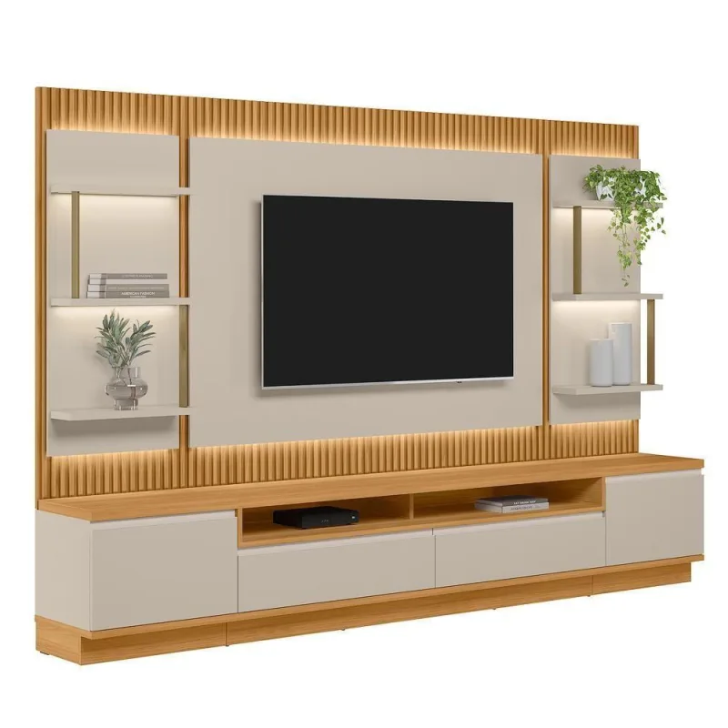 Rack Para Sala Com Painel Para Tv 70 Pol Led 297cm Spencer L05 Tauari Off White Fosco - Lyam Decor - Lyam Decor - Móveis