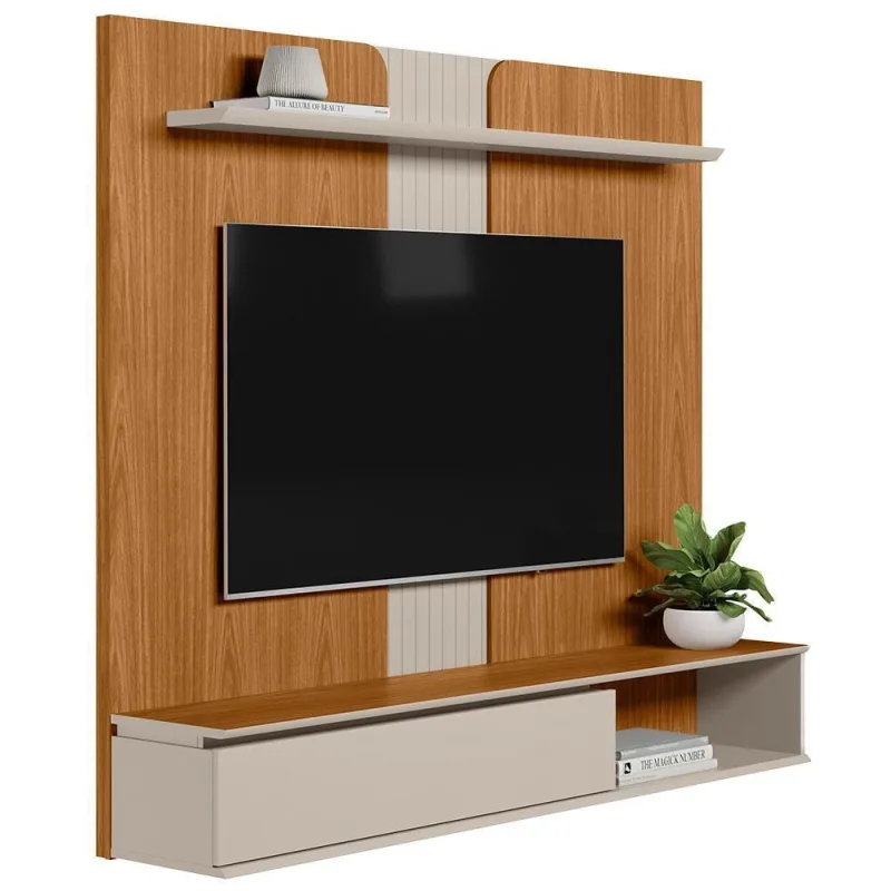 Painel Para Tv 65 Pol Com Bancada Suspensa New L05 Nature Off White - Lyam Decor - Lyam Decor