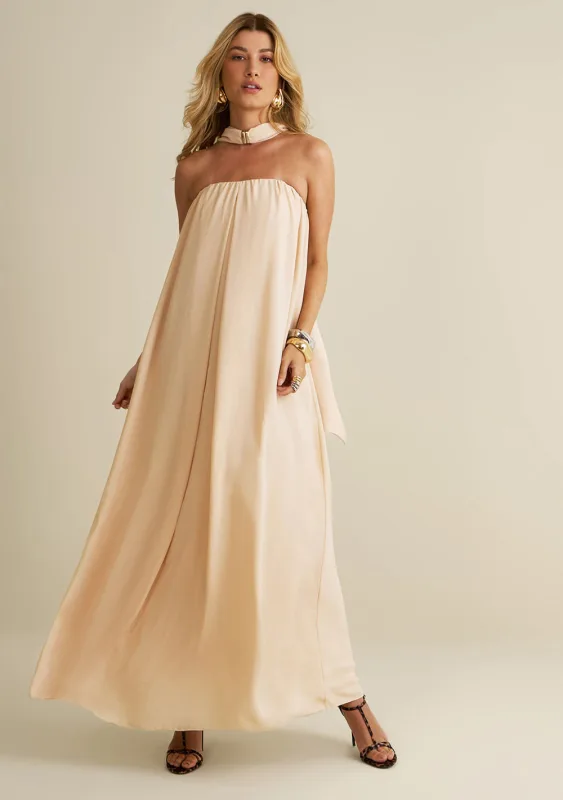 Vestido Morena Rosa Solto Decote Reto Com Alça Longo Bege - Morena Rosa - Outlet