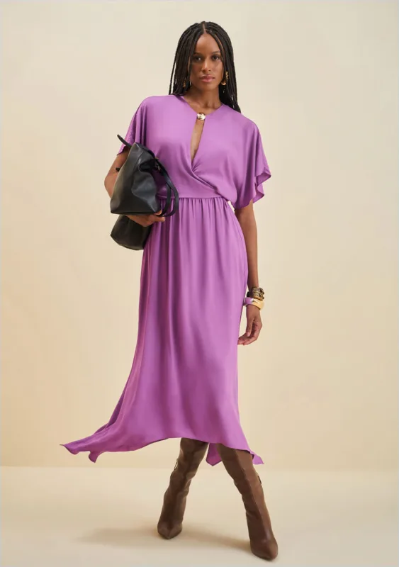 Vestido Morena Rosa Solto Decote Careca Manga Curta Midi Lilas - Morena Rosa
