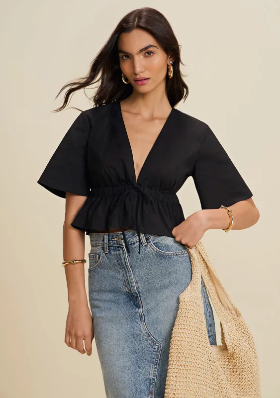 Blusa Solta Decote V Manga Curta Cropped Preto - Morena Rosa